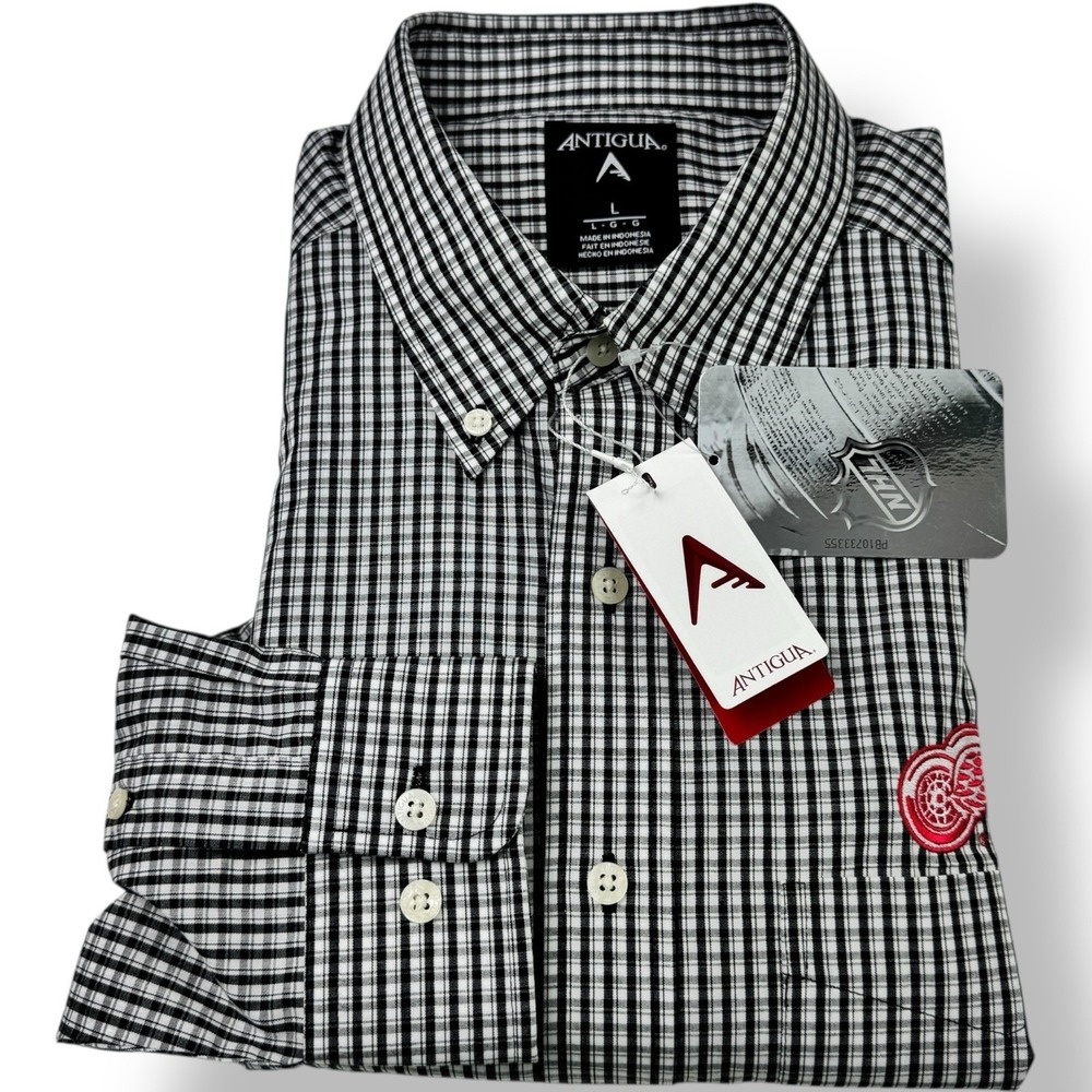 Antigua Black White Check Button Down‎ Shirt Detroit Red Wings Logo Men's L NWT